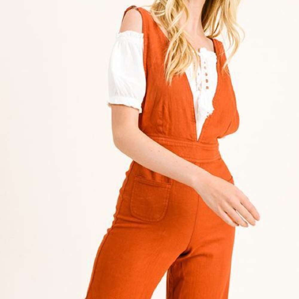 70s Style Rust Twill Denim Overalls Jumpsuit - Picture 2 of 7